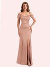 Simple Off Shoulder Spaghetti Straps Mermaid Side Slit Soft Satin Long Matron of Honor Dress For Wedding