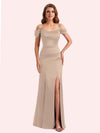 Simple Off Shoulder Spaghetti Straps Mermaid Side Slit Soft Satin Long Matron of Honor Dress For Wedding