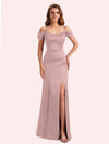 Simple Off Shoulder Spaghetti Straps Mermaid Side Slit Soft Satin Long Matron of Honor Dress For Wedding