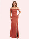 Simple Off Shoulder Spaghetti Straps Mermaid Side Slit Soft Satin Long Matron of Honor Dress For Wedding