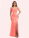 Simple Off Shoulder Spaghetti Straps Mermaid Side Slit Soft Satin Long Matron of Honor Dress For Wedding