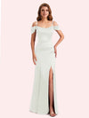 Simple Off Shoulder Spaghetti Straps Mermaid Side Slit Soft Satin Long Matron of Honor Dress For Wedding