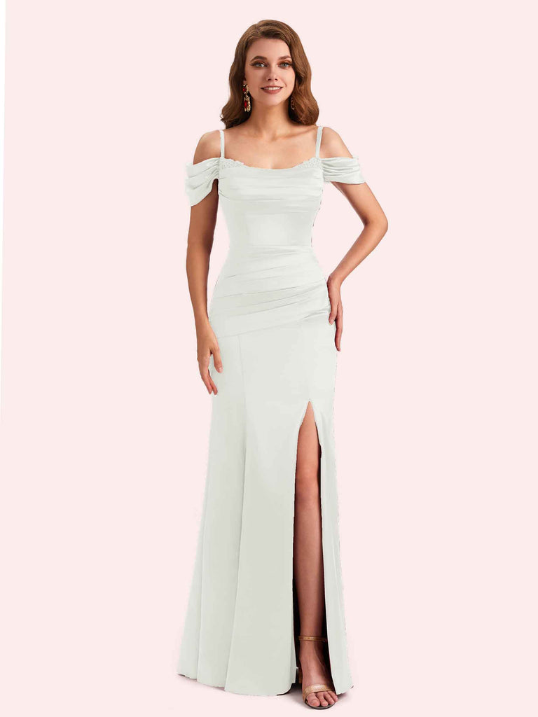 Simple Off Shoulder Spaghetti Straps Mermaid Side Slit Soft Satin Long Matron of Honor Dress For Wedding
