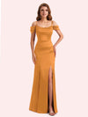 Simple Off Shoulder Spaghetti Straps Mermaid Side Slit Soft Satin Long Matron of Honor Dress For Wedding