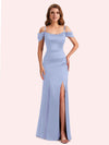 Simple Off Shoulder Spaghetti Straps Mermaid Side Slit Soft Satin Long Matron of Honor Dress For Wedding