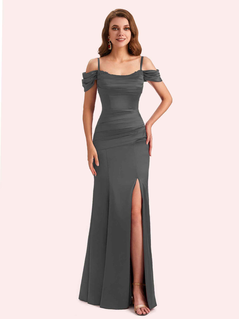 off shoulder dress with spaghetti straps Chic Spaghetti Strap Off the Shoulder Side Slit Long Prom Dress US18 / As Picture