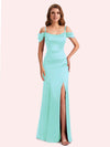 Simple Off Shoulder Spaghetti Straps Mermaid Side Slit Soft Satin Long Matron of Honor Dress For Wedding