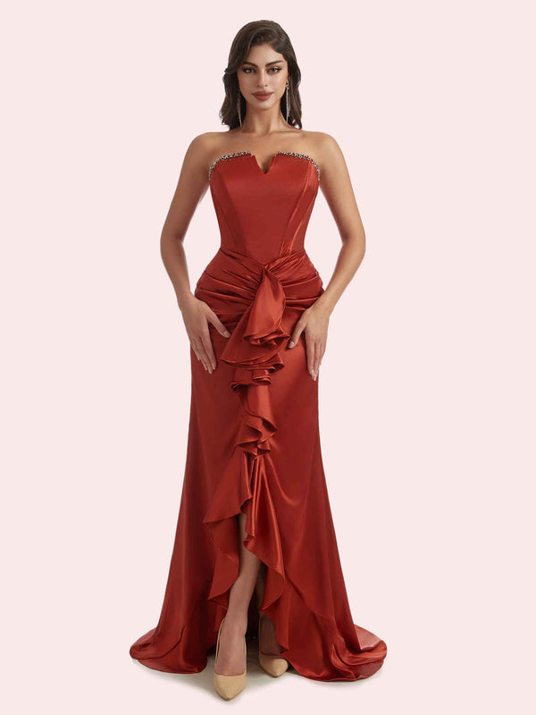 Elegant Mermaid Front Slit V-neck Pleats Soft Satin Long Bridesmaid Dress for Wedding