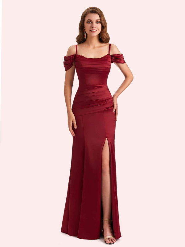 Simple Off Shoulder Spaghetti Straps Mermaid Side Slit Soft Satin Long Matron of Honor Dress For Wedding