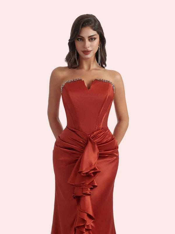 Elegant Mermaid Front Slit V-neck Pleats Soft Satin Long Bridesmaid Dress for Wedding
