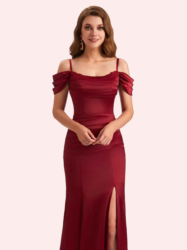 Simple Off Shoulder Spaghetti Straps Mermaid Side Slit Soft Satin Long Matron of Honor Dress For Wedding