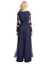 Elegant V-neck Long Sleeves Lace Chiffon Women's Pantsuits For Mother of The Bride