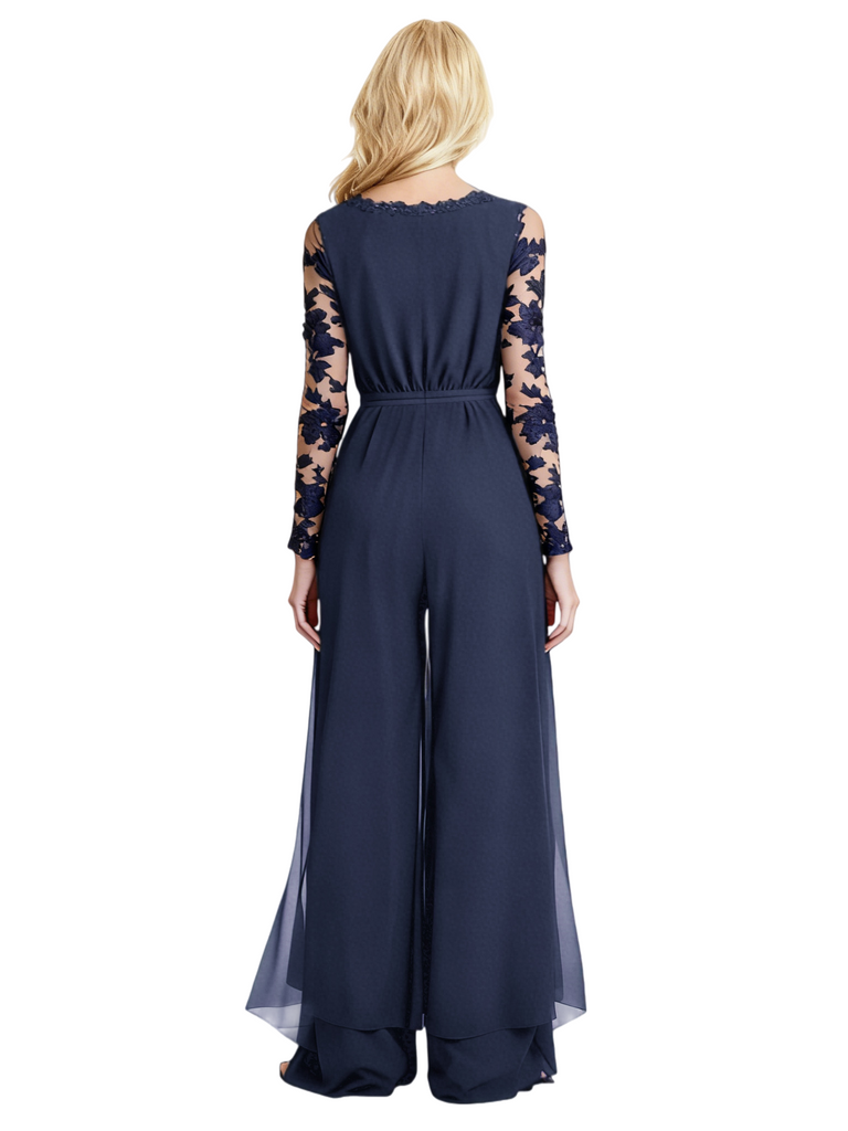 Elegant V-neck Long Sleeves Lace Chiffon Women's Pantsuits For Mother of The Bride