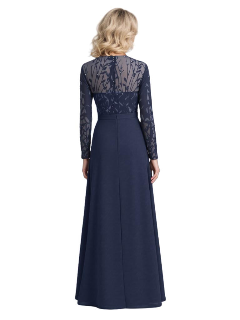 Modern Illusion Long Sleeves Lace Chiffon Mother Of The Bride Dresses Side Slit A-Line