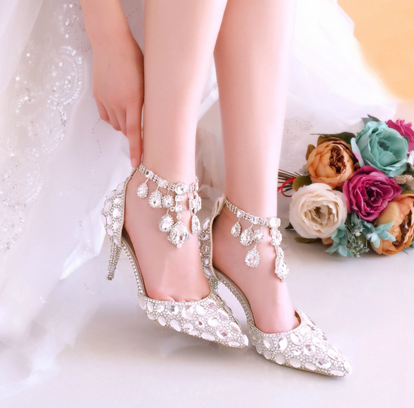 Women's Wedding Shoes Pointed Toe Crystal High Heel Decorative Heel Bridal Shoes,H29