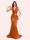 Sexy Spaghetti Straps V-Neck Mermaid Soft Satin Long Matron of Honor Dress For Wedding