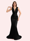 Sexy Spaghetti Straps V-Neck Mermaid Soft Satin Long Matron of Honor Dress For Wedding
