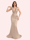 Sexy Spaghetti Straps V-Neck Mermaid Soft Satin Long Matron of Honor Dress For Wedding For Sale