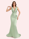 Sexy Spaghetti Straps V-Neck Mermaid Soft Satin Long Matron of Honor Dress For Wedding For Sale