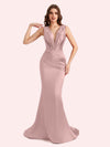 Sexy Spaghetti Straps V-Neck Mermaid Soft Satin Long Matron of Honor Dress For Wedding For Sale
