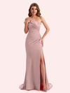 Elegant Off Shoulder Mermaid Side Slit Soft Satin Long Matron of Honor Dress For Wedding
