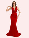 Sexy Spaghetti Straps V-Neck Mermaid Soft Satin Long Matron of Honor Dress For Wedding