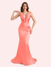 Sexy Spaghetti Straps V-Neck Mermaid Soft Satin Long Matron of Honor Dress For Wedding