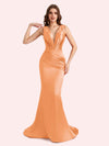 Sexy Spaghetti Straps V-Neck Mermaid Soft Satin Long Matron of Honor Dress For Wedding