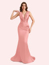 Sexy Spaghetti Straps V-Neck Mermaid Soft Satin Long Matron of Honor Dress For Wedding