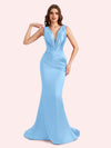 Sexy Spaghetti Straps V-Neck Mermaid Soft Satin Long Matron of Honor Dress For Wedding