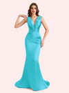 Sexy Spaghetti Straps V-Neck Mermaid Soft Satin Long Matron of Honor Dress For Wedding For Sale