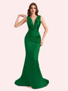 Sexy Spaghetti Straps V-Neck Mermaid Soft Satin Long Matron of Honor Dress For Wedding