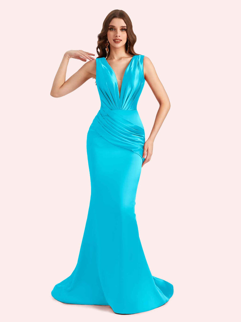 Sexy Spaghetti Straps V-Neck Mermaid Soft Satin Long Matron of Honor Dress For Wedding For Sale