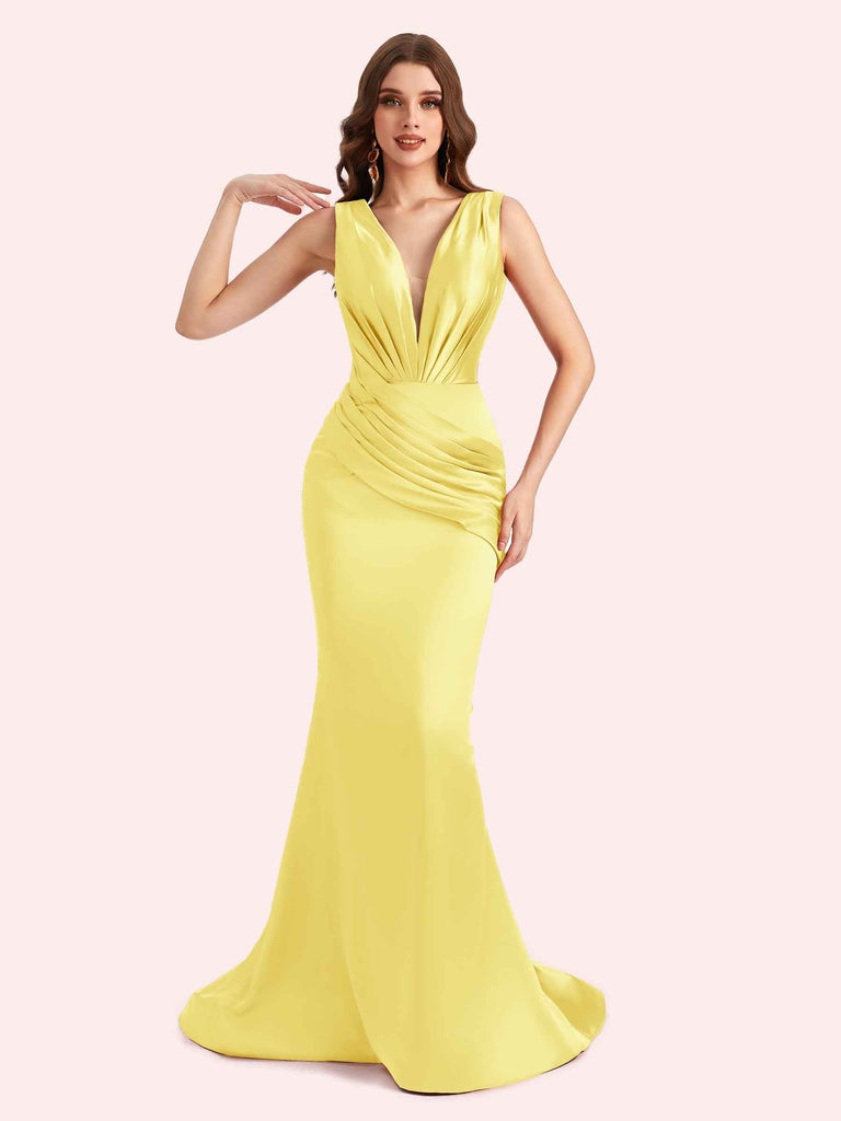 Sexy Spaghetti Straps V-Neck Mermaid Soft Satin Long Matron of Honor Dress For Wedding For Sale