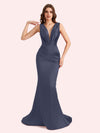 Sexy Spaghetti Straps V-Neck Mermaid Soft Satin Long Matron of Honor Dress For Wedding