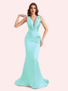 Sexy Spaghetti Straps V-Neck Mermaid Soft Satin Long Matron of Honor Dress For Wedding For Sale