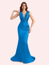 Sexy Spaghetti Straps V-Neck Mermaid Soft Satin Long Matron of Honor Dress For Wedding