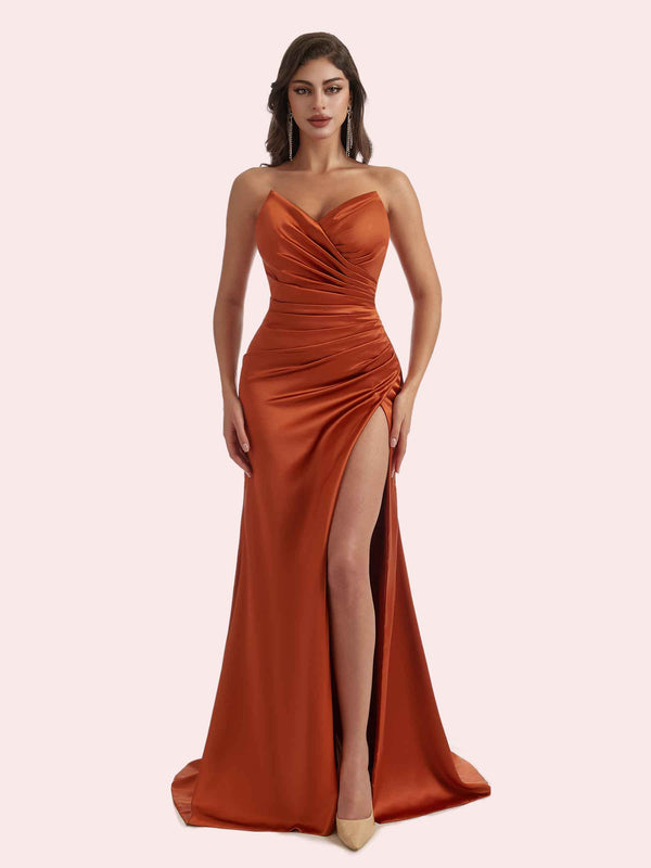 Simple Mermaid V-neck Side Slit Pleats Soft Satin Long Bridesmaid Dress Online