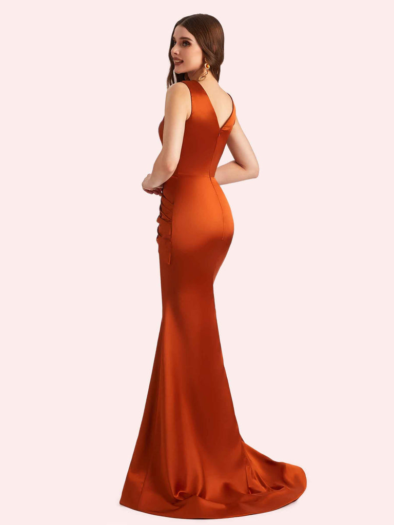 Sexy Spaghetti Straps V-Neck Mermaid Soft Satin Long Matron of Honor Dress For Wedding For Sale