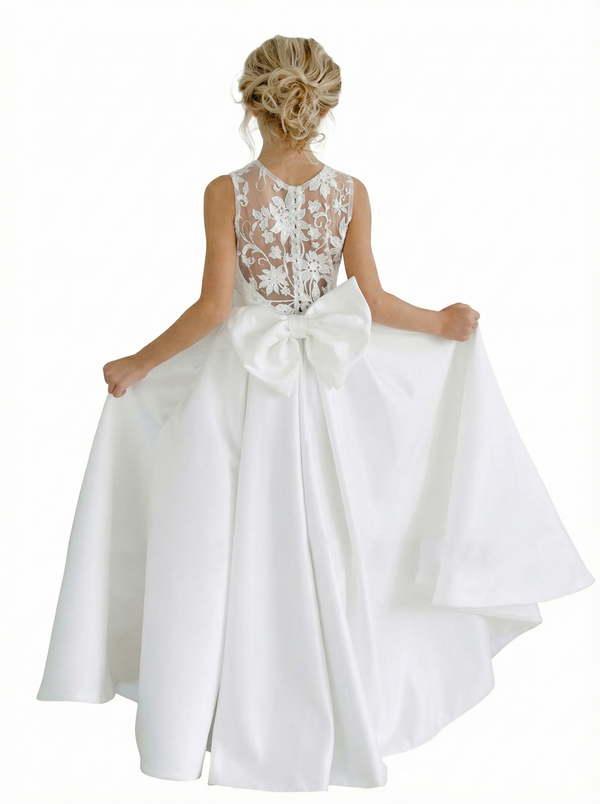 Elegant Lace Bodice Flower Girl Dress Sleeveless Ball Gown Floor Length Tulle Wedding Party