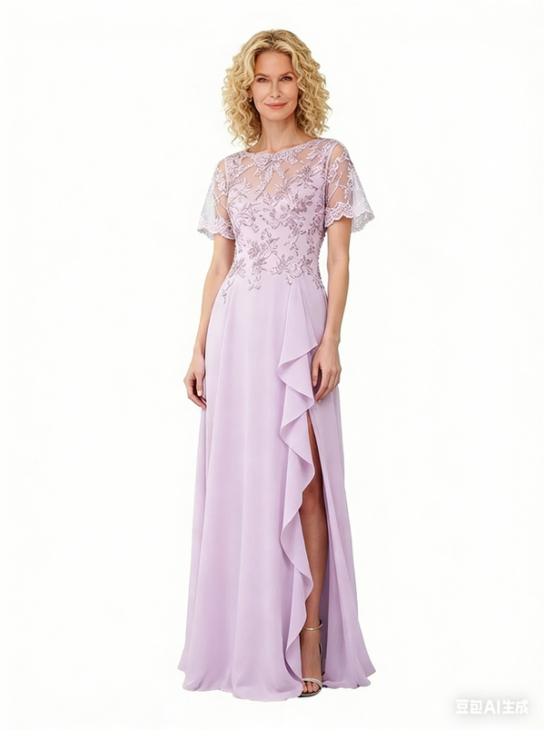 Elegant Lace Applique A-line Side Slit Ruffle Chiffon Long Mother of the Bride Dresses
