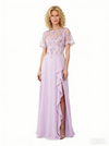 Elegant Lace Applique A-line Side Slit Ruffle Chiffon Long Mother of the Bride Dresses