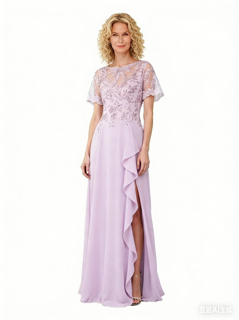 Elegant Lace Applique A-line Side Slit Ruffle Chiffon Long Mother of the Bride Dresses