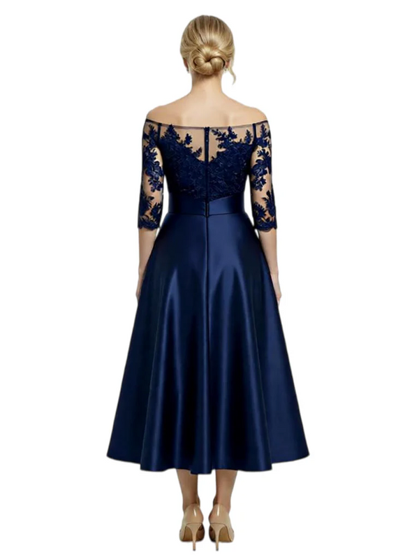Unique Off Shoulder Tea-Length Satin Mother Of The Bride Dress With Lace Illusion