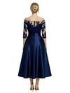 Unique Off Shoulder Tea-Length Satin Mother Of The Bride Dress With Lace Illusion