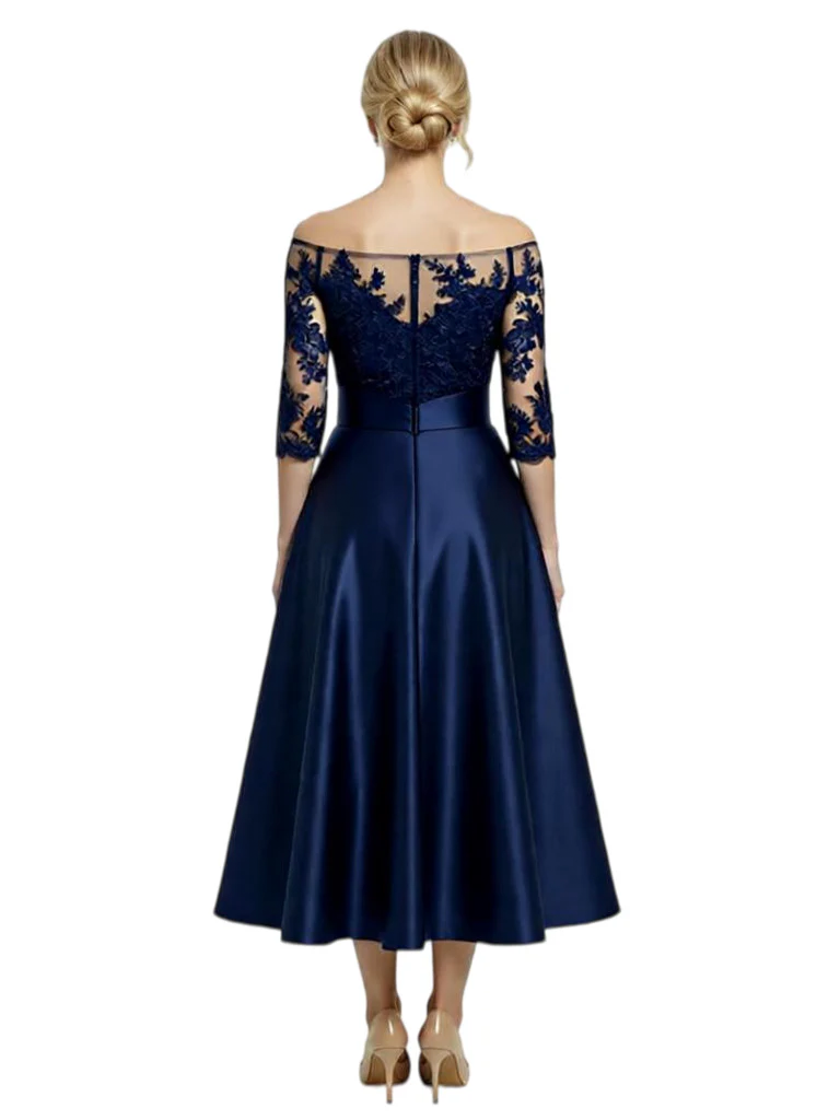 Unique Off Shoulder Tea-Length Satin Mother Of The Bride Dress With Lace Illusion