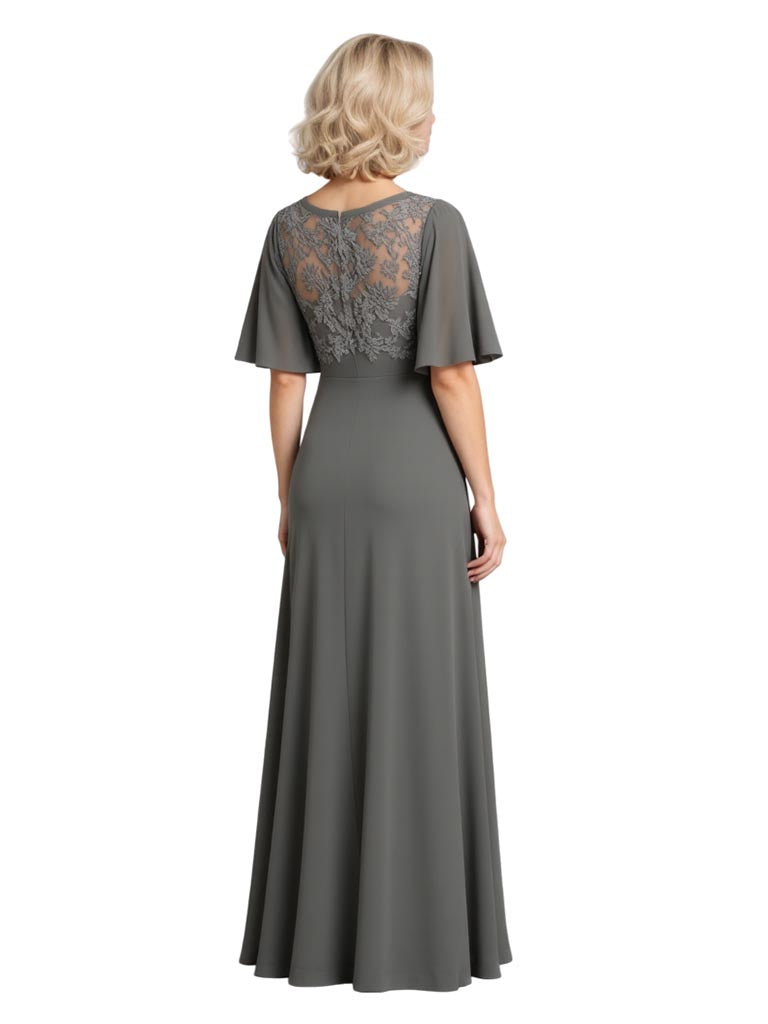 Elegant Chiffon Scoop Flutter Sleeve A-Line Long Mother of The Bride Dresses