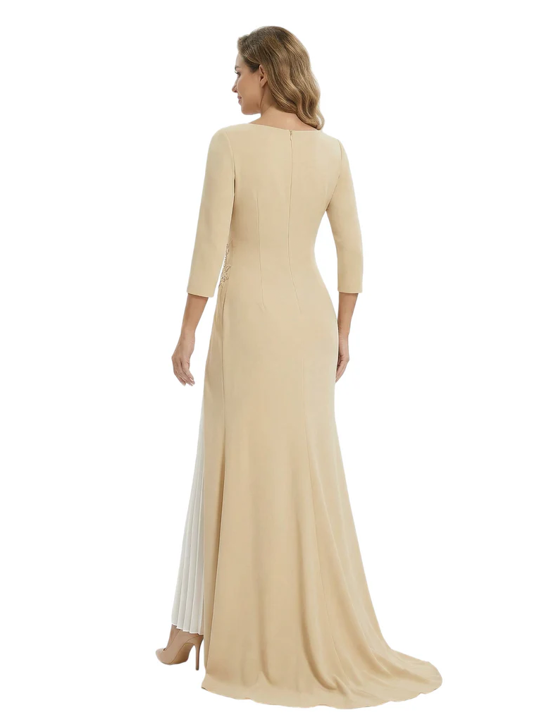 Mother of The Groom Dress Elegant Crew Scoop 3/4 Sleeve Crepe Maxi Gown Pleated Detail Classy Look