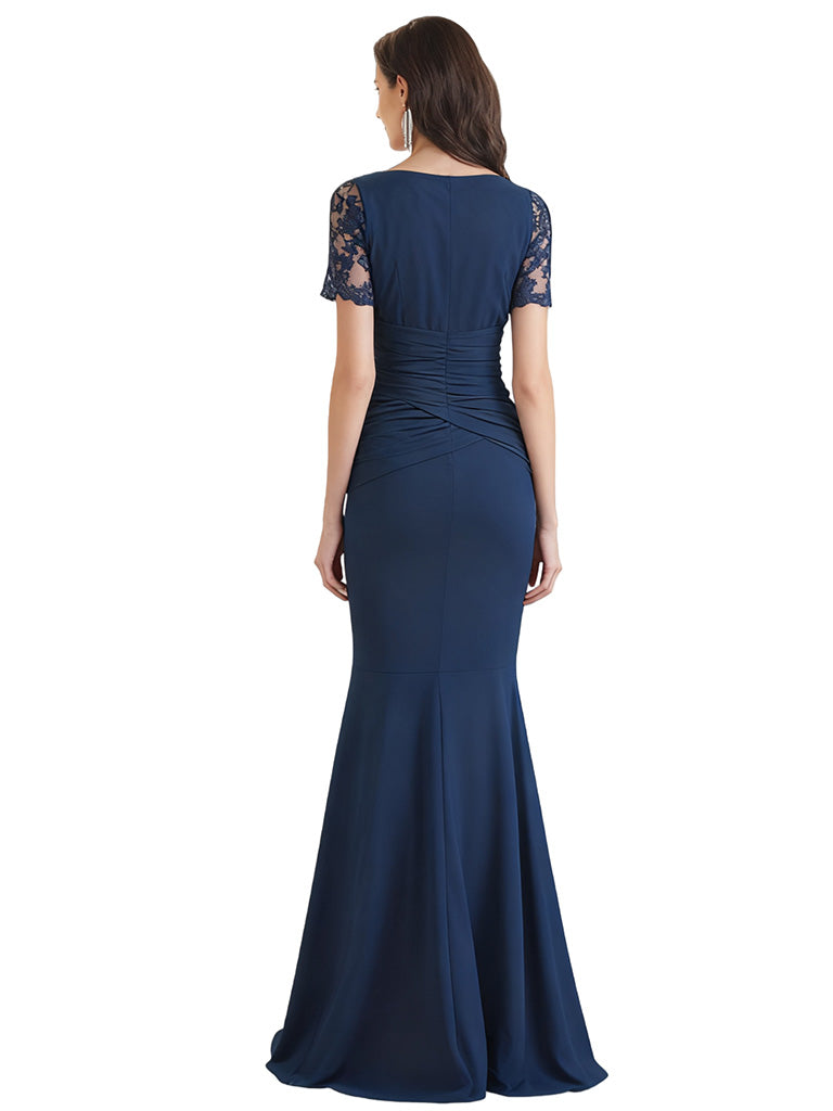 Elegant Mermaid V-neck Chiffon Lace Short Sleeves Mother of the Brides and Groom Dresses