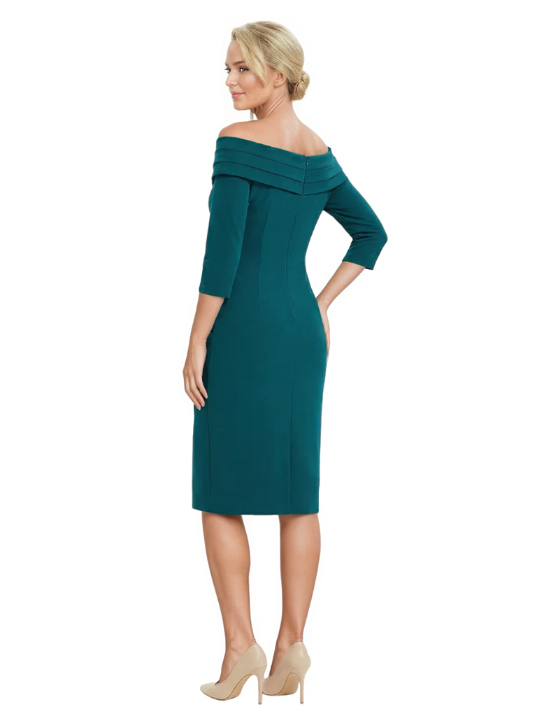 Mother of The Groom Dresses Off The Shoulder 3/4 Sleeve Satin Sheath Midi Dress Pretty Lace Detailed Formal Bridal Party Attire